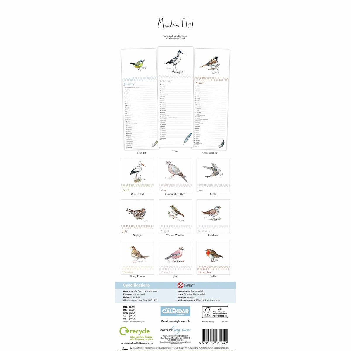 Madeleine Floyd Dawn Chorus Slim Calendar 2026 – Celebrate British Birds in Style