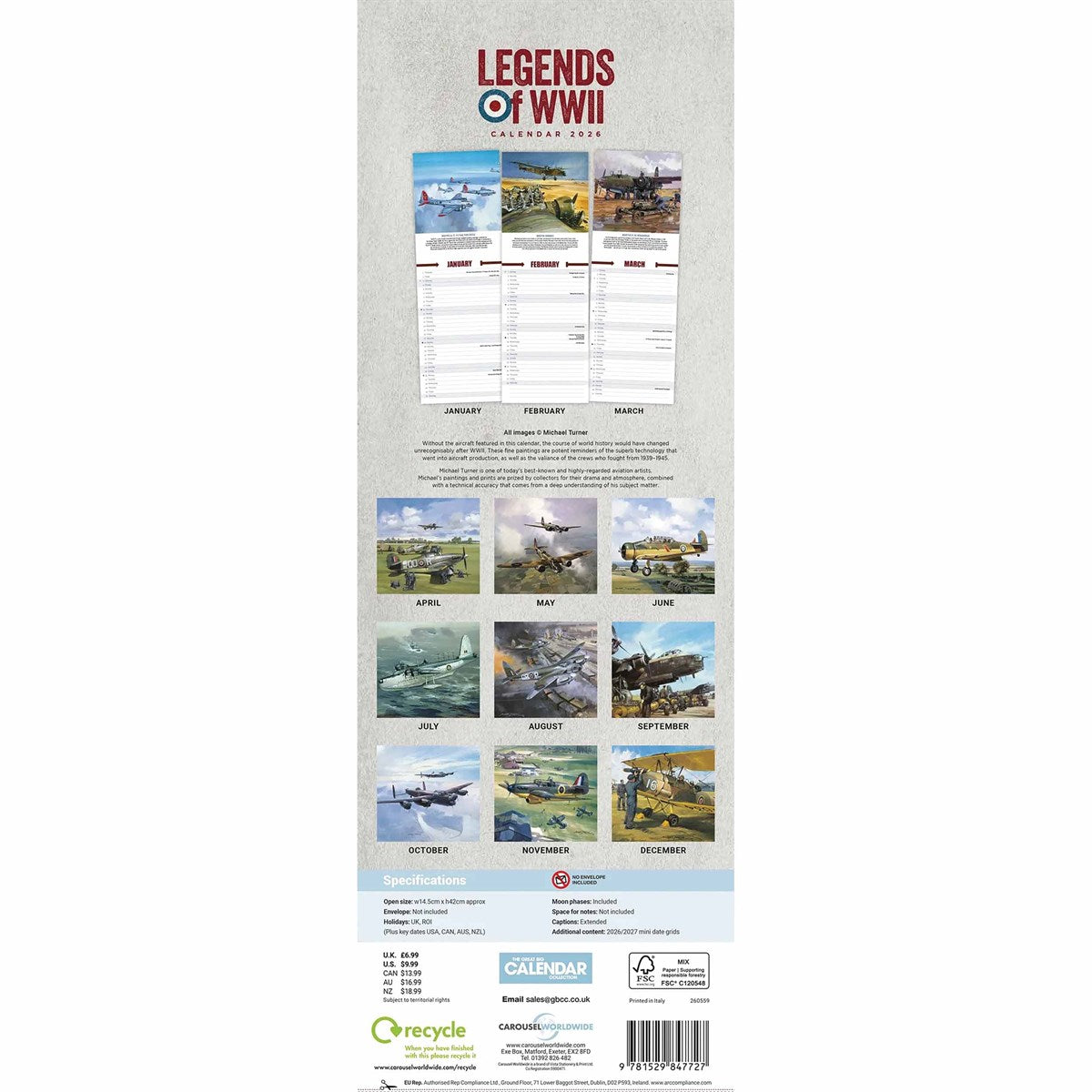 Legends Of WWII Slim Calendar 2026 – A Tribute to Iconic Fighter Planes