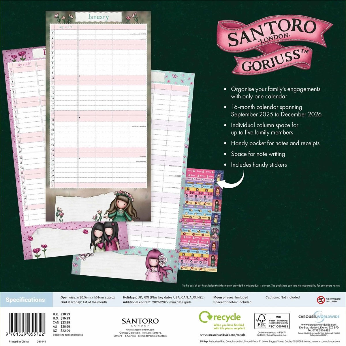 Gorjuss Family Square Planner 2026 – Whimsical Organisation for Every Month
