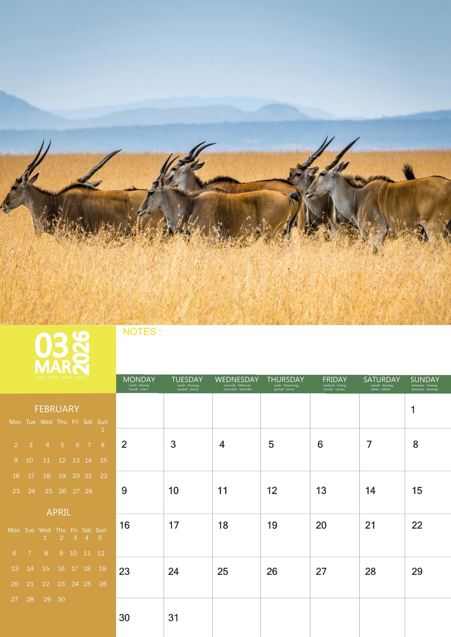 Safari Animals Calendar 2026 – M-PRA Range