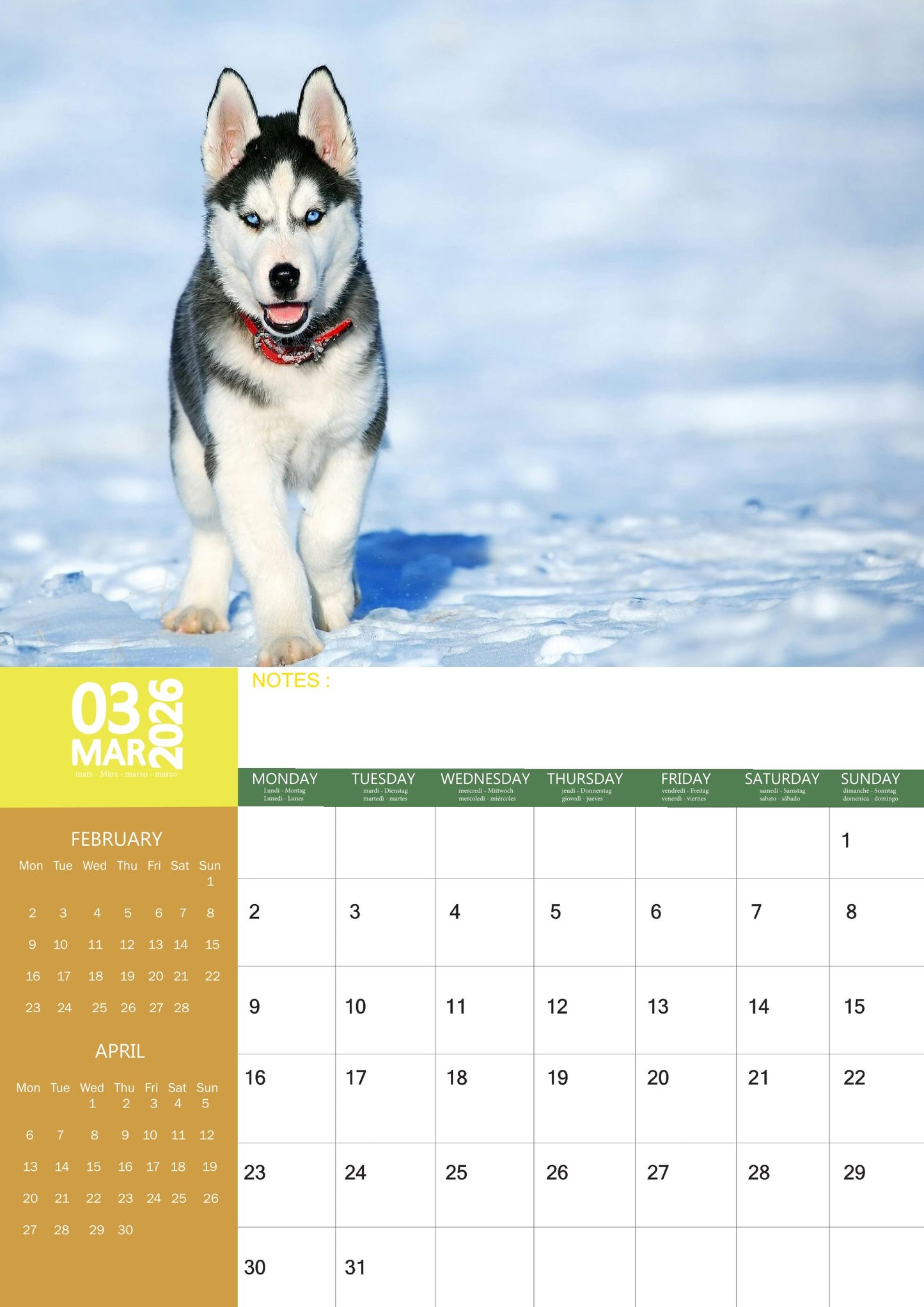 Siberian Husky Dog Calendar 2026 – M-PRA Range