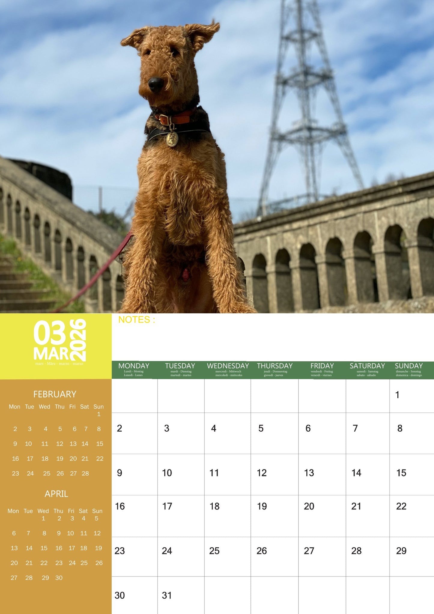 Airedale Dog Calendar 2026 – M-PRA Range