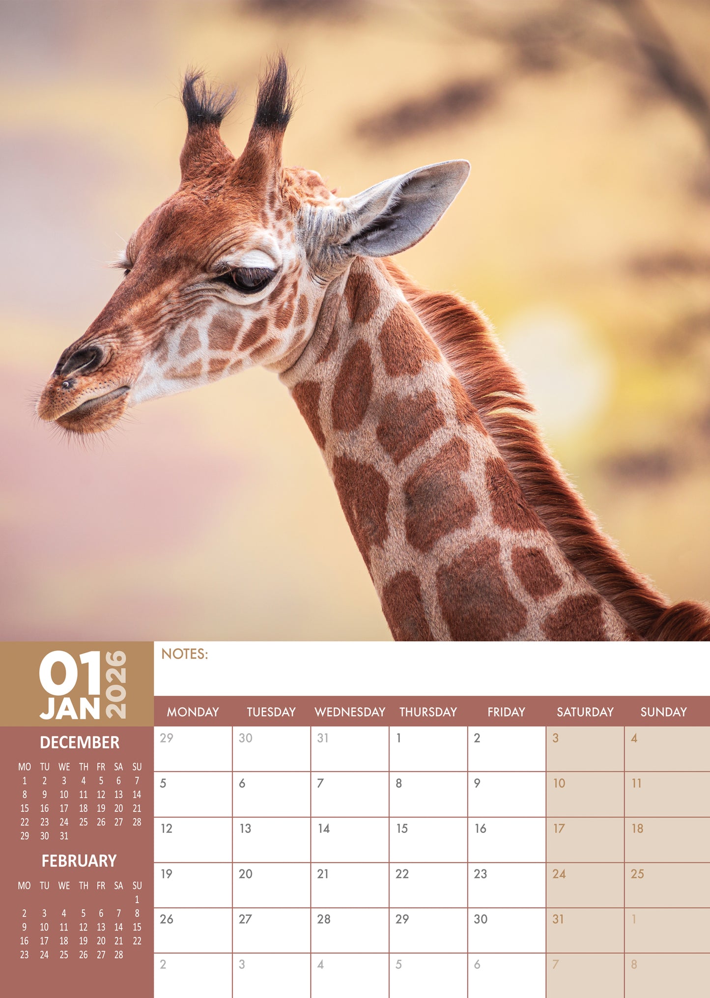 Giraffes Calendar 2026 – Embrace the Grace and Beauty of Giraffes