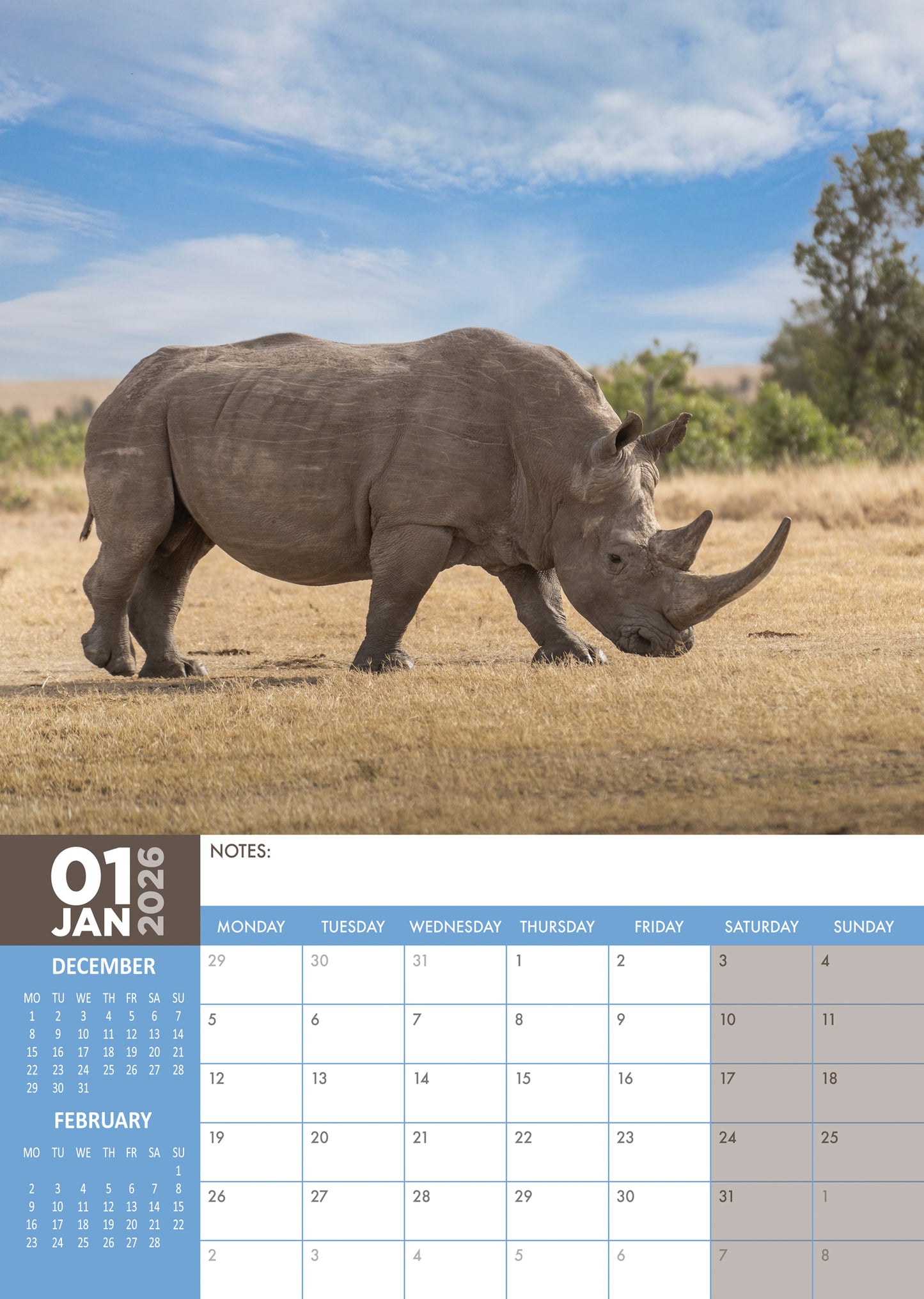 Rhinos Calendar 2026 – A Year of Majestic Wildlife