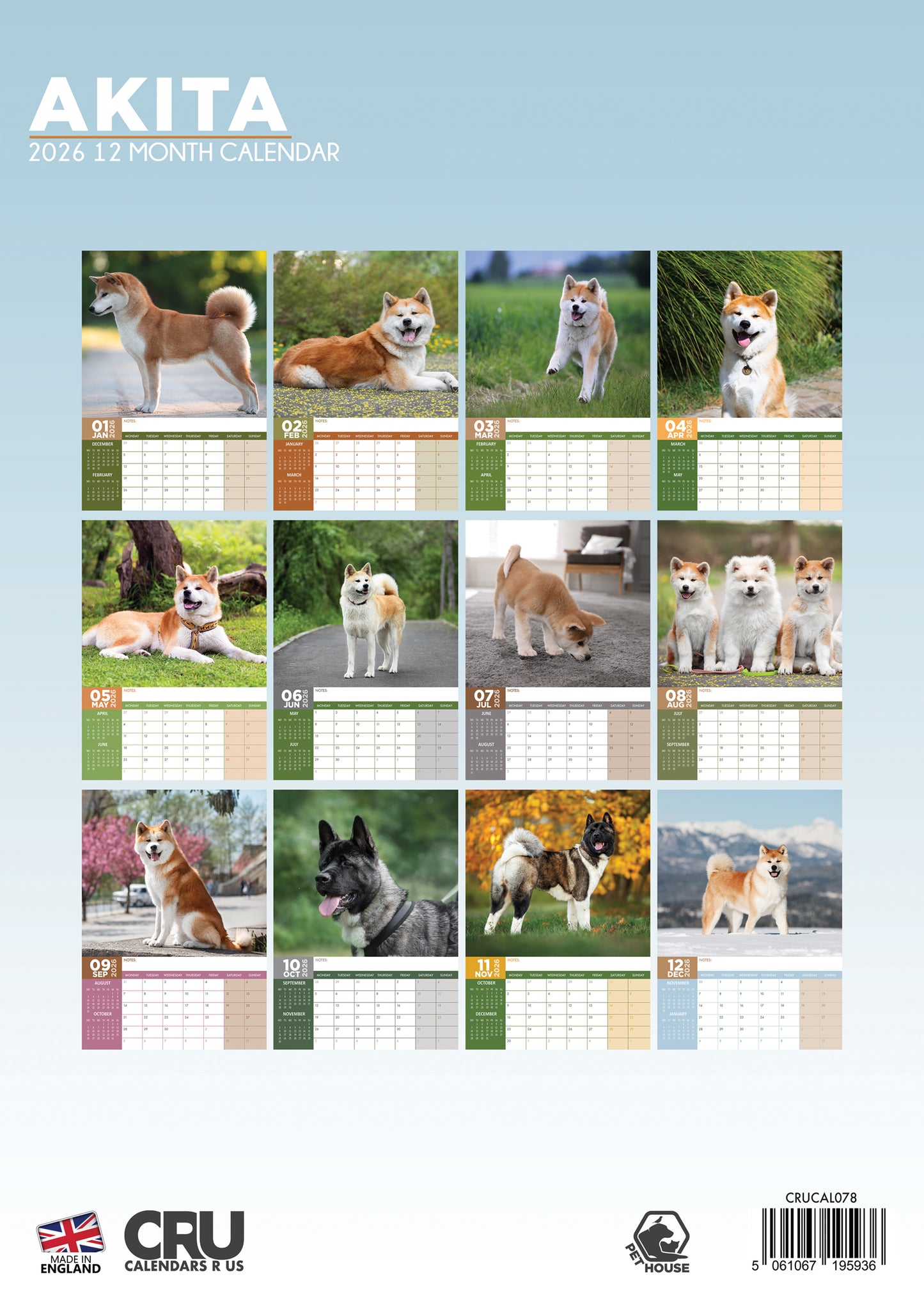 Akita Calendar 2026 – Majestic A3 Wall Calendar for Dog Enthusiasts