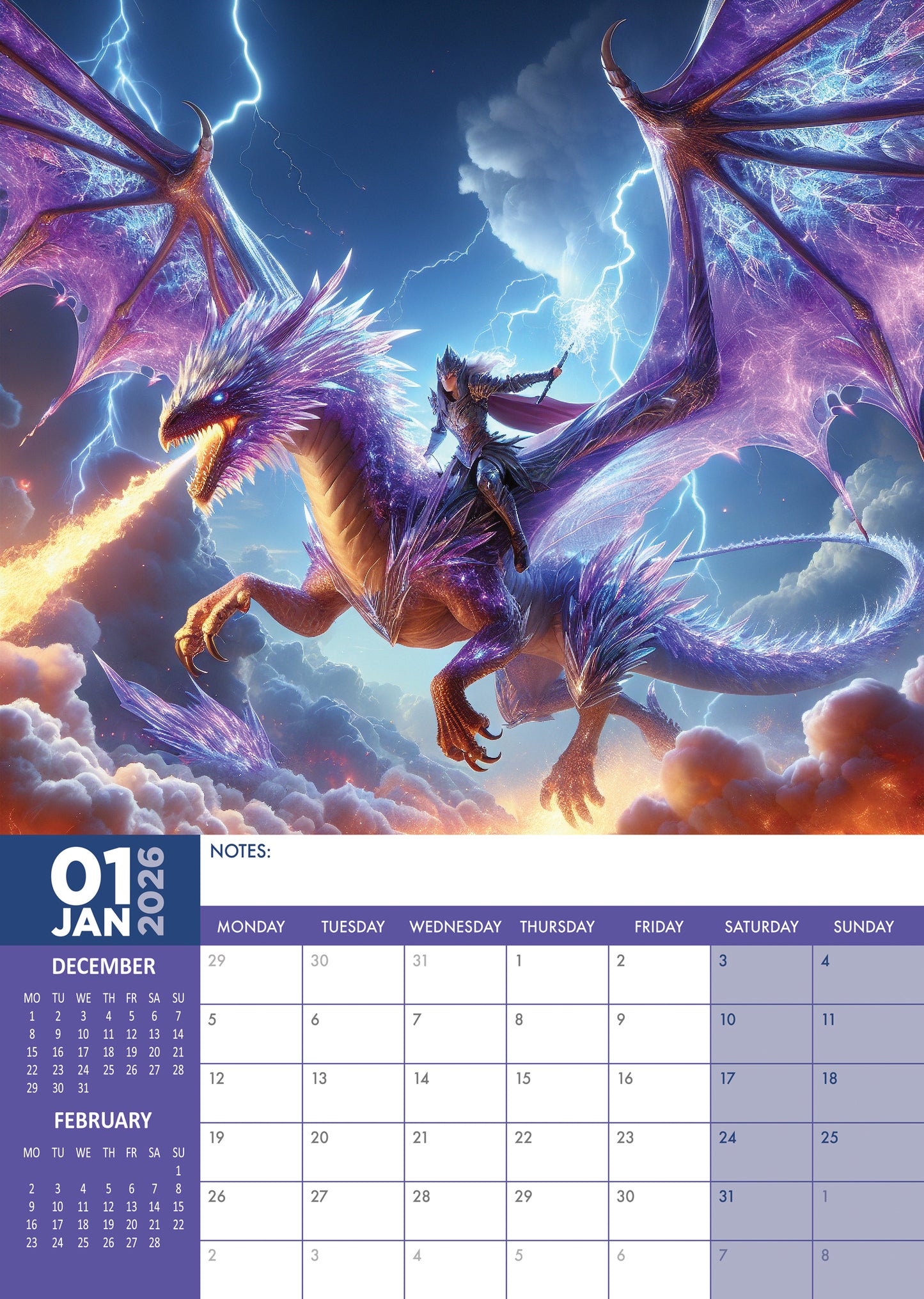 Dragons Calendar 2026 – A Year of Fire, Flight, and Fantasy
