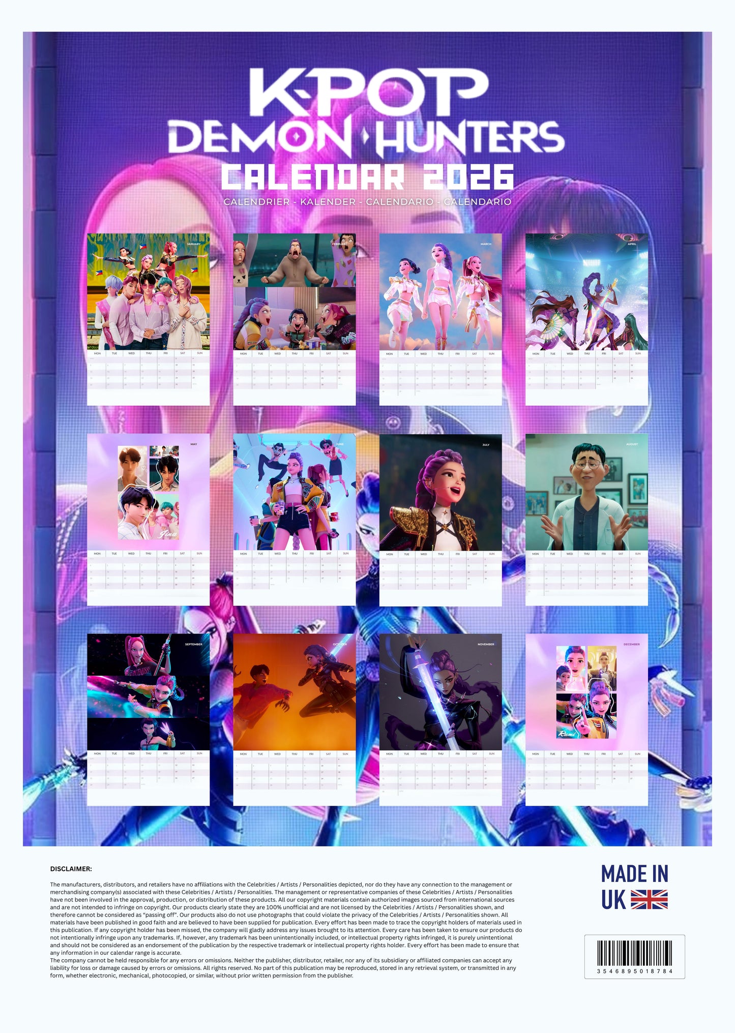 KPOP Demon Hunters 2026 Wall Calendar – Anime-Inspired Action Calendar | Made in UK