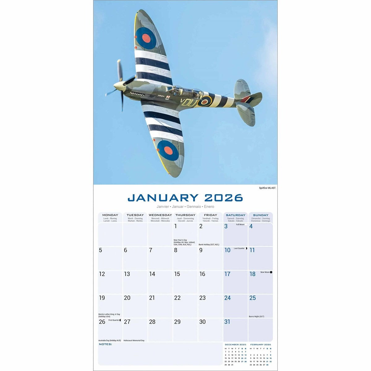 Spitfires Square Calendar 2026 – Legendary British WWII Fighter Plane