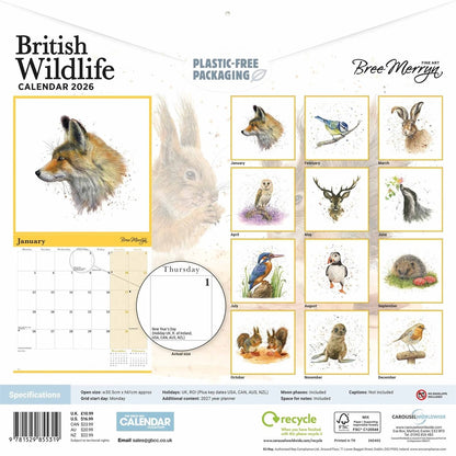 British Wildlife Wall Square Calendar 2026 by Bree Merryn