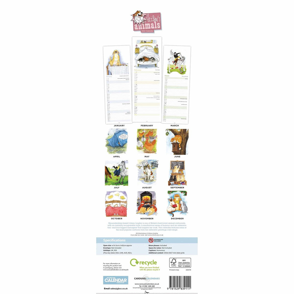 Alison's Animals Slim Calendar 2026 – Whimsical Animal Humor to Brighten Your Year
