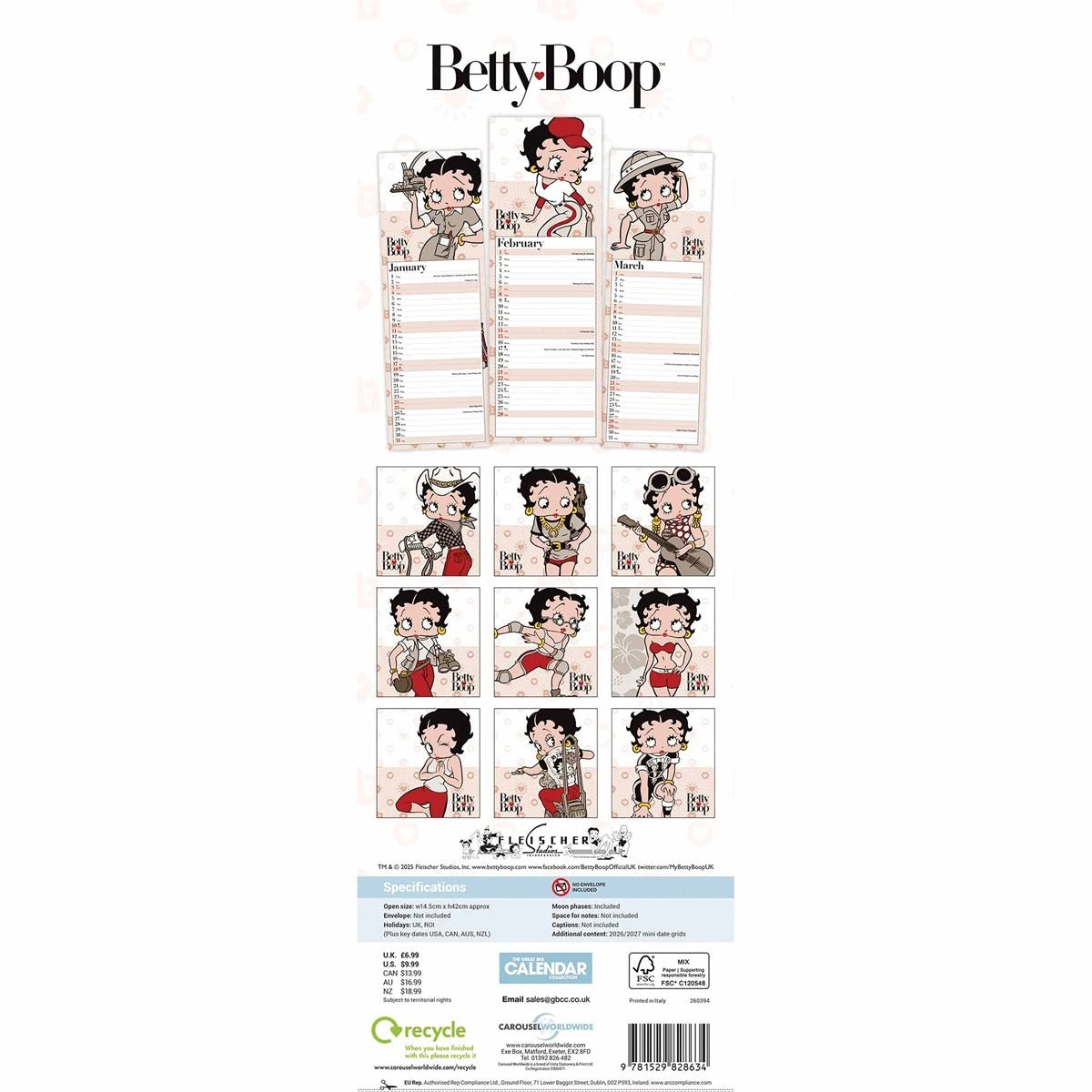 Betty Boop Slim Calendar 2026 – Iconic Pin-Up Style All Year Long