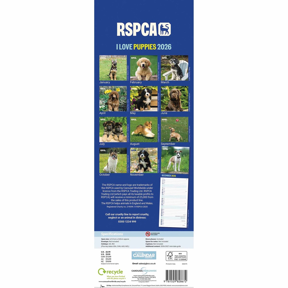RSPCA I Love Puppies Slim Calendar 2026 – A Year of Puppy Love