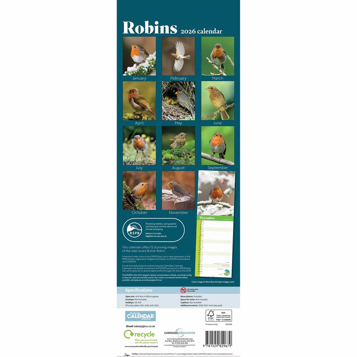 RSPB Robins Slim Calendar 2026 – Celebrate Britain’s Beloved Red-Breasted Friend