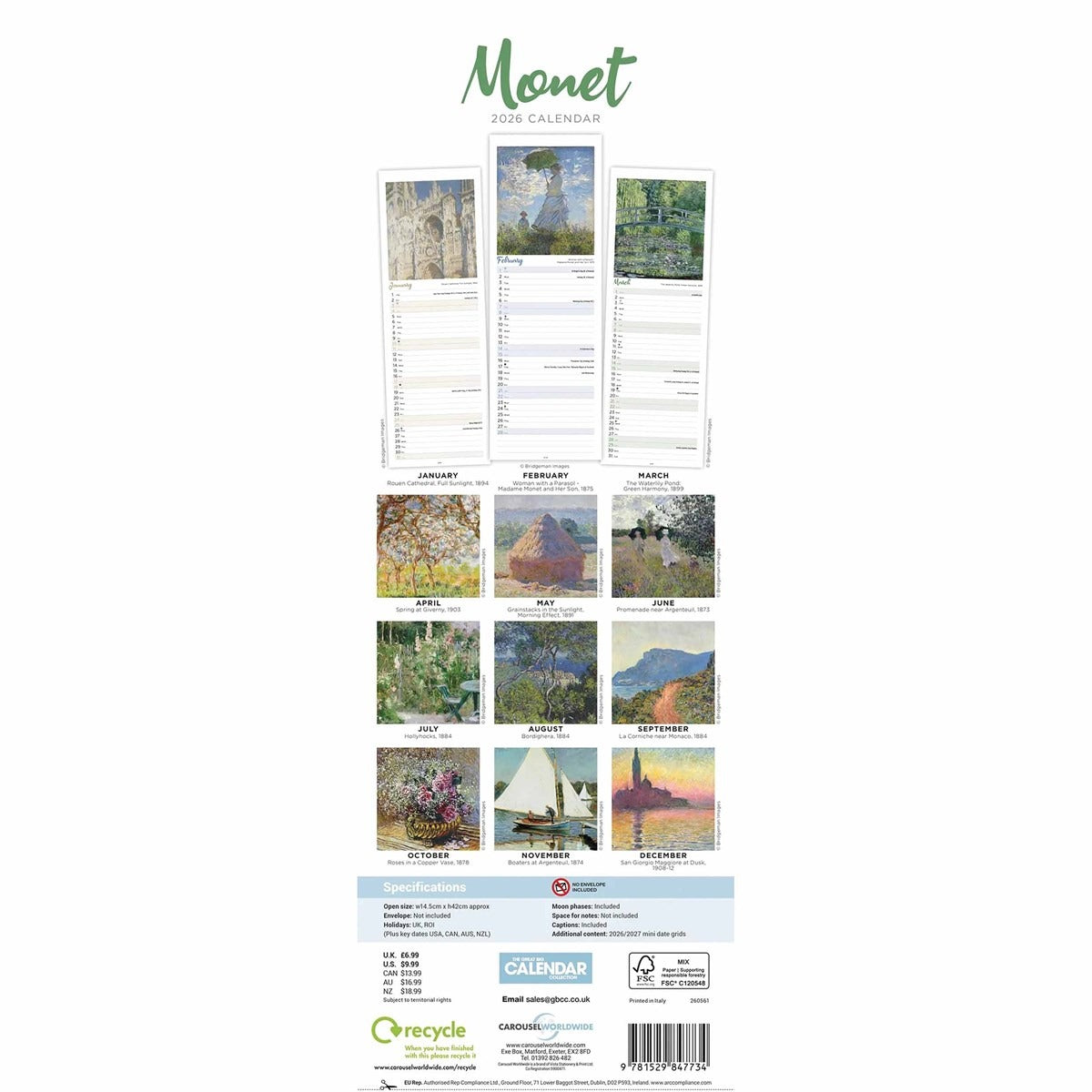 Claude Monet Slim Calendar 2026 – Celebrate Impressionist Masterpieces