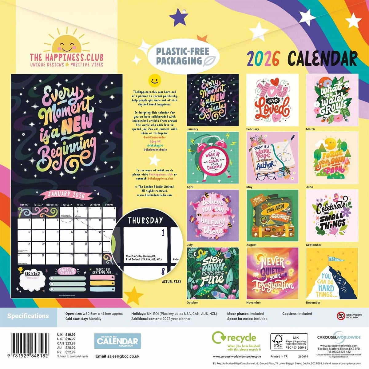 Happiness Club, Happy Days Square Calendar 2026 – Positive Vibes All Year