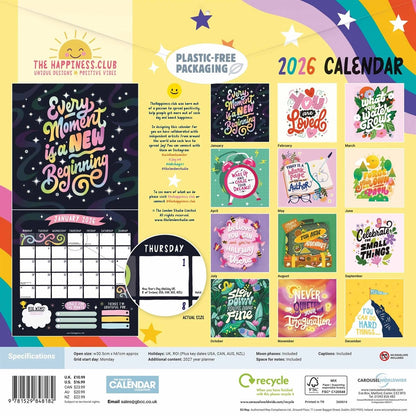 Happiness Club, Happy Days Square Calendar 2026 – Positive Vibes All Year