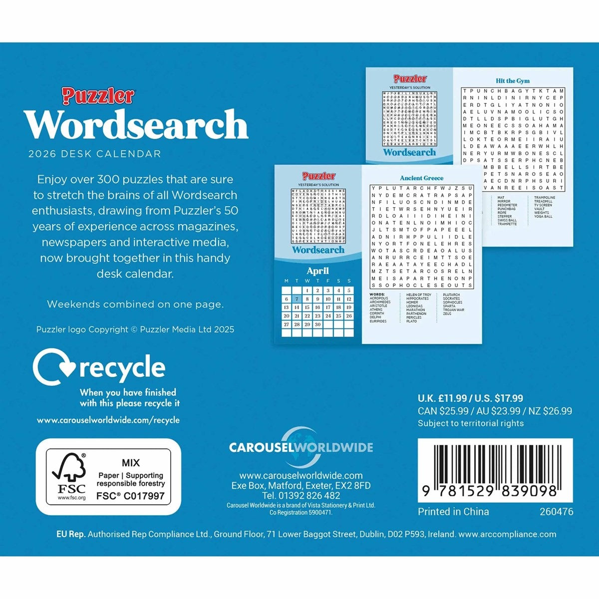 Wordsearch, Puzzler Desk Calendar 2026 – A Daily Word-Hunting Challenge