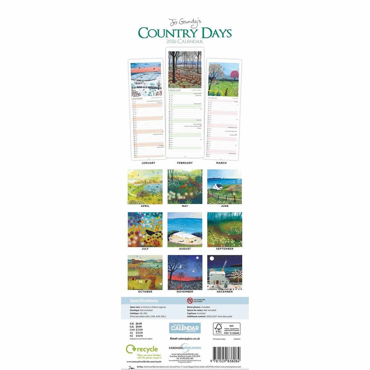 Country Days Slim Calendar 2026 – A Year of Seasonal Charm by Jo Grundy