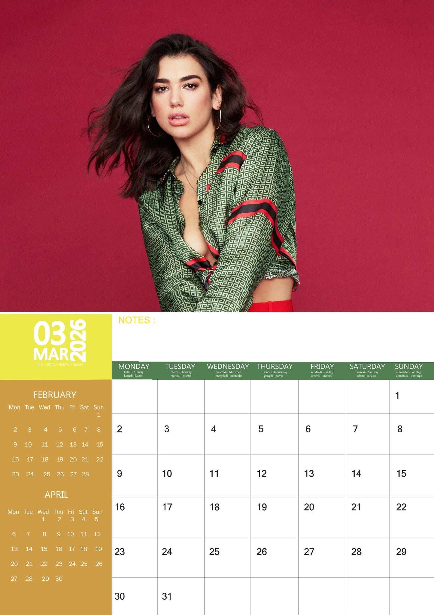 Dua Lipa Music Calendar 2026 – M-PRA Range