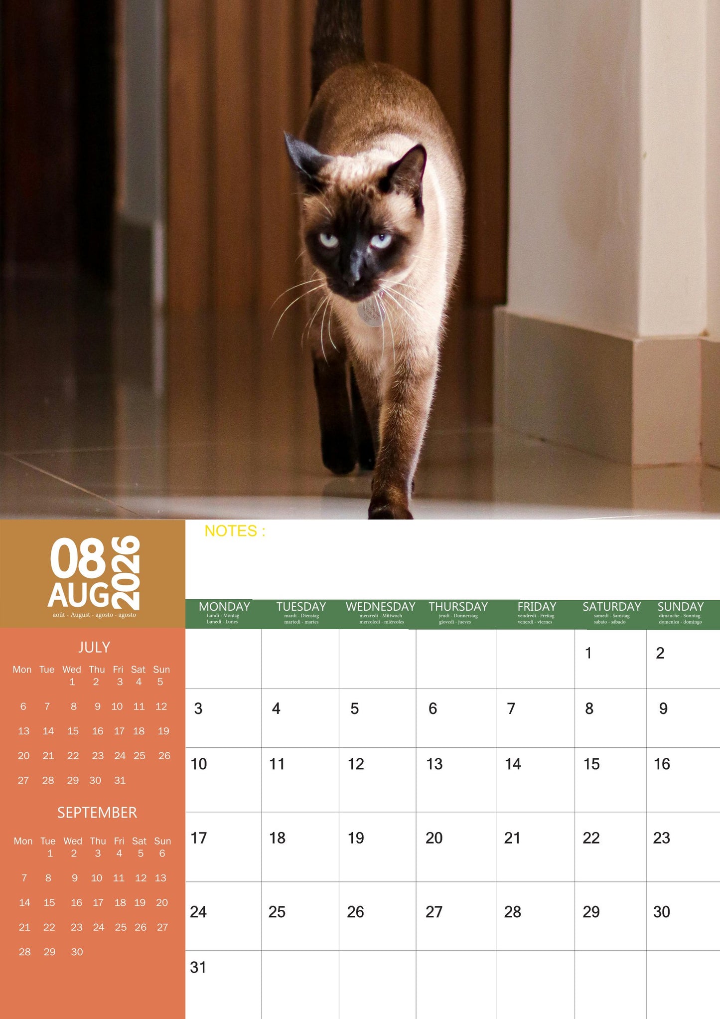 Siamese Cat Calendar 2026 – M-PRA Range